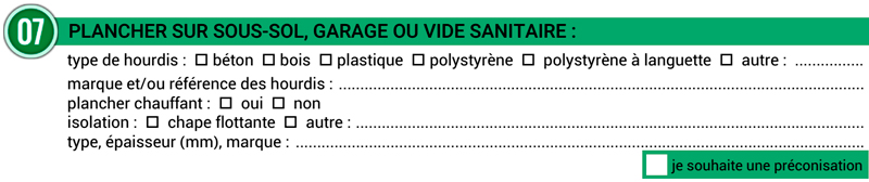Fiche collecte d'information : Plancher sur sous-sol, garage ou vide sanitaire